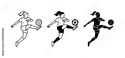 Soccer Player Icons: Female Athlete Kicking Ball, Line Art & Silhouette