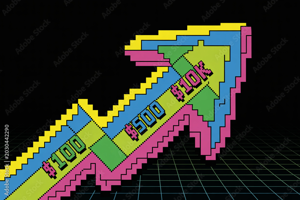 Fototapeta premium Colorful pixel art money growth chart, financial success concept, dollar currency symbols, business finance illustration