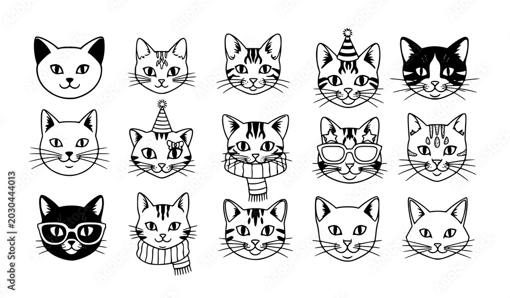 Fototapeta premium Cute Cat Face Doodle Illustration Collection Vector Set