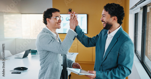 Fotografie Team, tablet and business people in office with high five, data analysis and success for profit growth