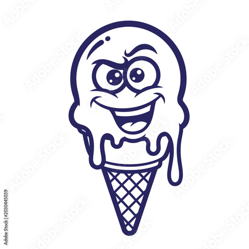 Cheerful melting ice cream cone cartoon character graphic illustration with big grin and wavy lines line art fast food character illustration delicious cheerful