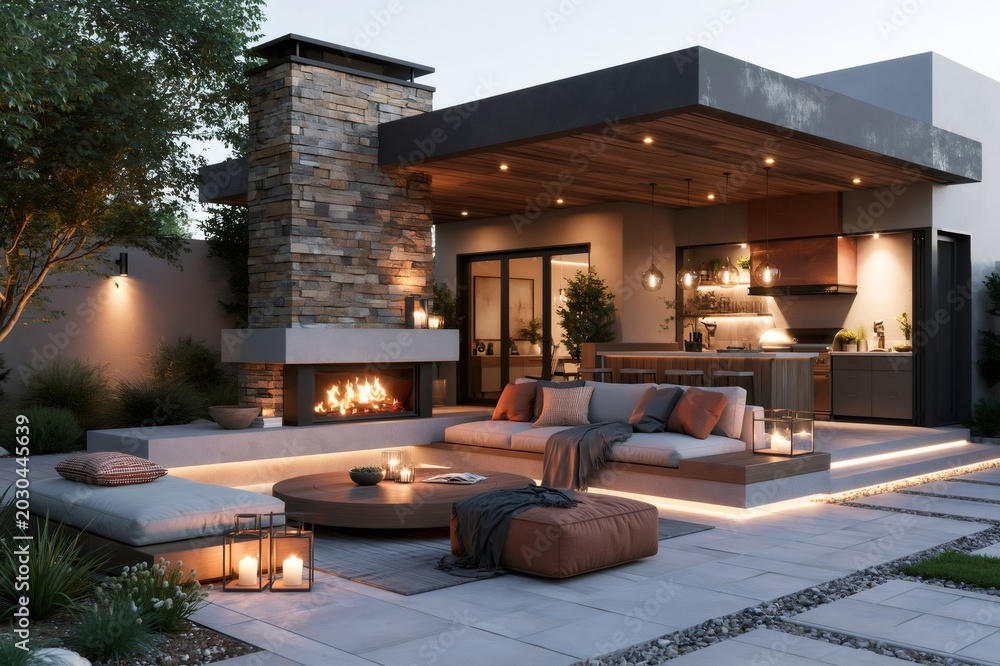 Fototapeta premium Modern patio creating luxury outdoor living space at sunset