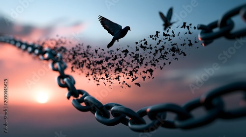 Zerbrechende Kette mit fliegenden Vögeln als Symbol für Freiheit und Befreiung