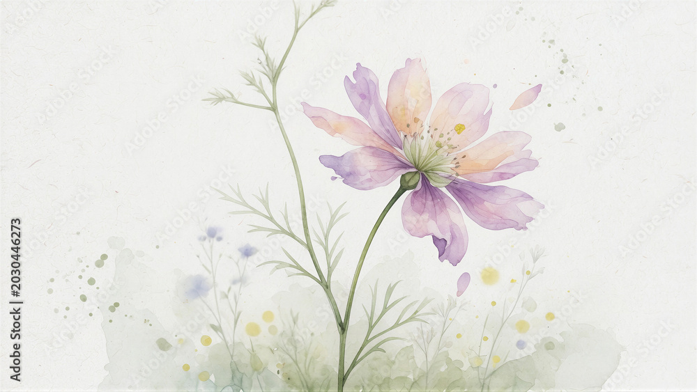Fototapeta premium Single pink cosmos flower blooming against pale watercolor background