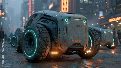 Low-angle shot of a rugged, futuristic armored vehicle with glowing tires, part of a convoy navigating a rainy, neon-lit cyberpunk city street.