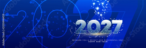 Bild auf Leinwand A modern, professional New Year 2027 greeting banner with shiny silver text, sparkling stars, and abstract blue background, wishing a bright and successful future