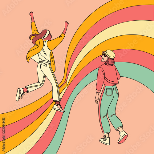 Принти на полотні Two friends celebrating and walking on abstract rainbow path illustration with c