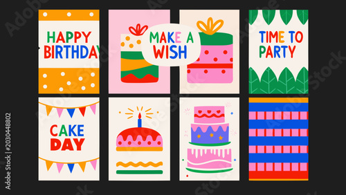 birthday card suite with colorful illustrations and celebratory text