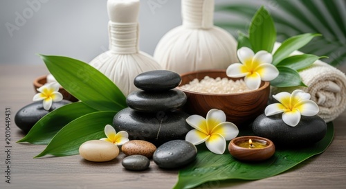 Hot stone massage setup with plumeria flowers, herbal poultices, and candle for ultimate spa relaxation