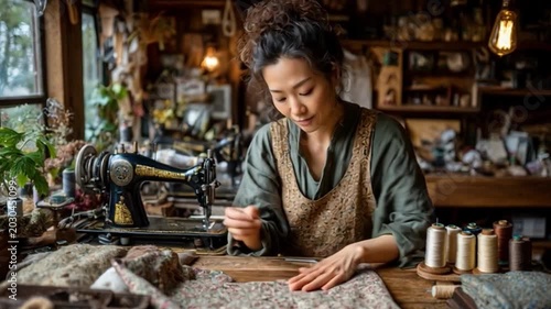 Artisan at Work: A skilled artisan with her hair tied up in a bun, focuses intently on her sewing work in a charming, rustic workshop, surrounded by spools of thread and vintage sewing machines.