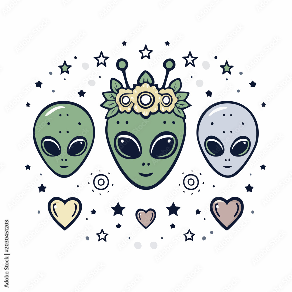 Obraz premium Three Alien Heads with Flowers and Hearts