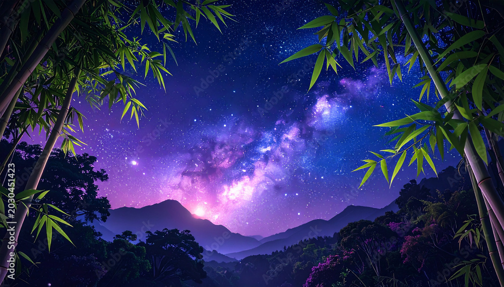 Obraz premium 幻想的な竹林と天の川の星空背景｜七夕をイメージした銀河と夜空のファンタジー風景