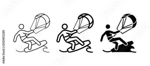 Foto Kitesurfing Icons Set, Extreme Water Sport Vector Graphics, Kiteboarding Action