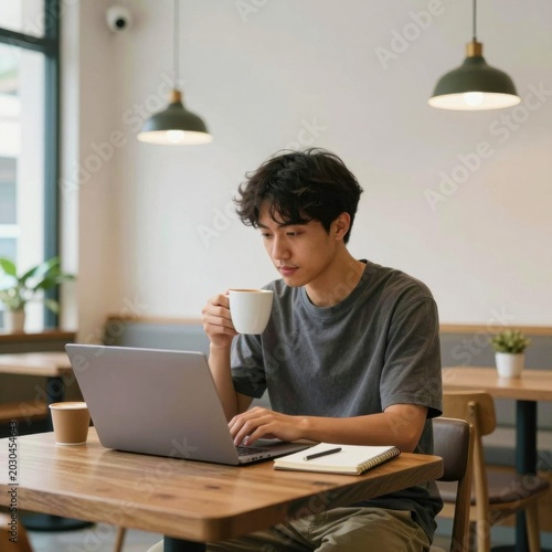 Young adult male enjoying coffee while working on laptop in café