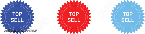 Colorful top sell badge icons in circular shape with scalloped edges isolated on white background, Vector, illustration
