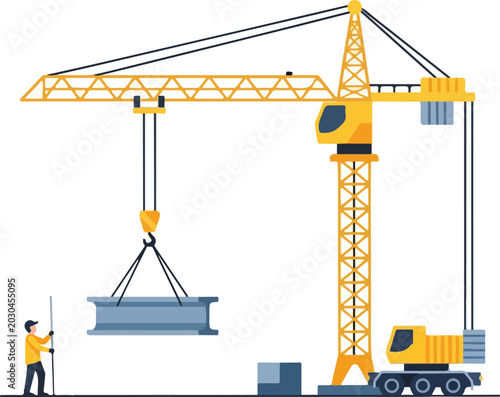 Foto Tower Crane Lifting Steel Beam with Worker at Construction Site