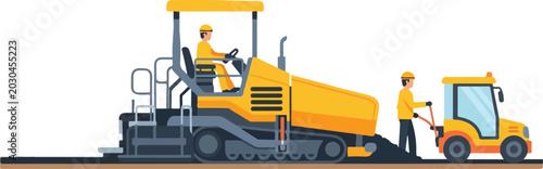 Photos Road Paving Machine and Worker Operating Asphalt Roller on Street Construction S