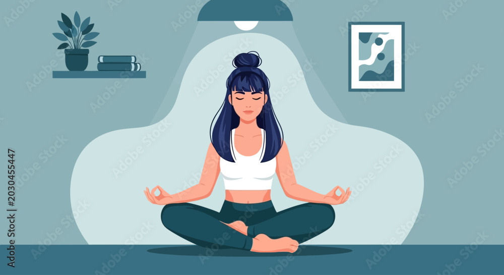 Obraz premium Meditating woman, yoga illustration, mindfulness vector, relaxation graphic, wellness artwork
