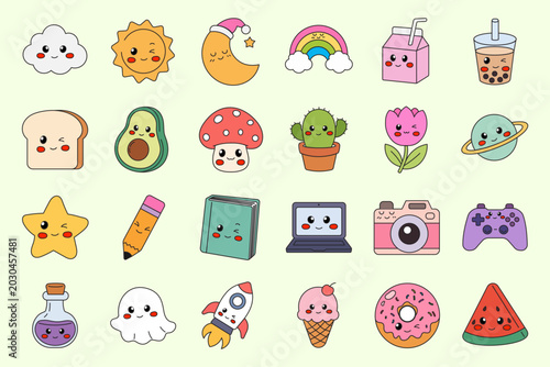 Kawaii Cute Sticker Pack Collection with Adorable Cartoon Food, Animals and Pastel Objects editable set