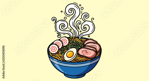 Delicious ramen bowl illustration with noodles egg and meat on yellow background