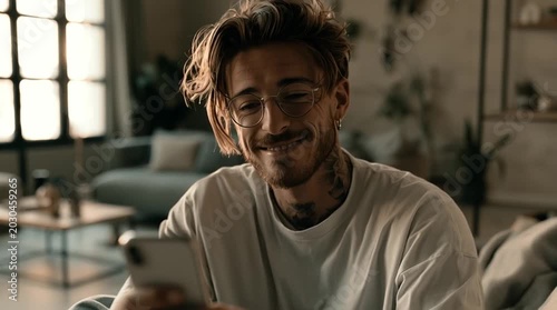 A smiling content creator films in a stylish apartment filled with soft daylight and modern interior design. Warm, authentic lifestyle energy with a clean contemporary aesthetic.