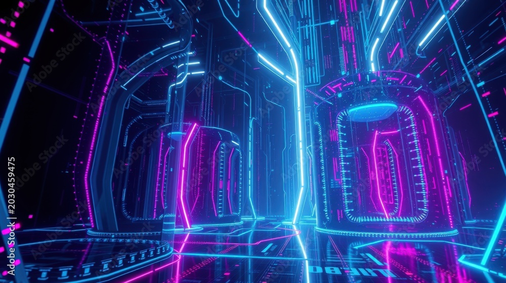 Fototapeta premium Futuristic corridor glows with vibrant neon lights. Pink, blue lines create complex geometric patterns. Dark background emphasizes bright illumination.