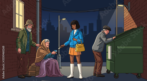 Fotografie Kindness to the less fortunate, an illustration of a woman giving money to a hom