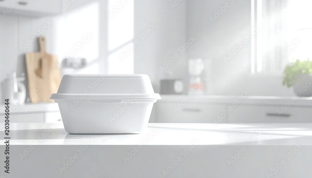 Fototapeta premium Mockup of a white takeout container on a kitchen countertop with natural light