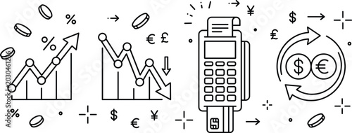 Tableau sur toile Financial market currency conversion and payment terminal line art icon set feat