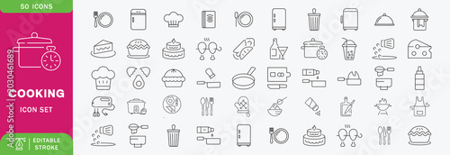 Bild auf Leinwand Cooking outline icon set: editable stroke thin line kitchen tools and food symbo