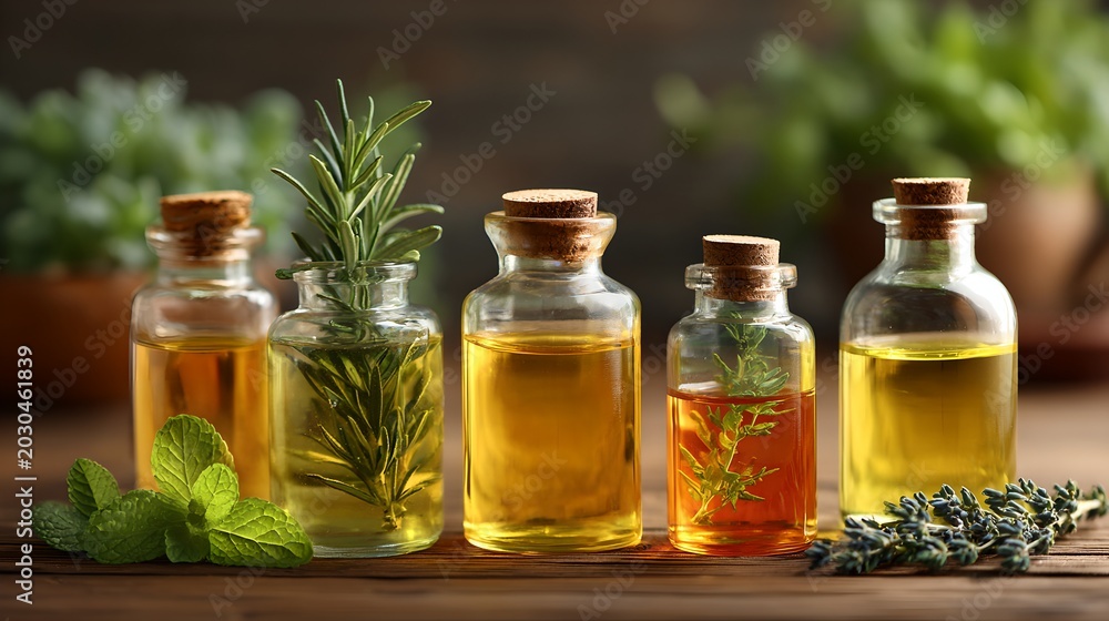 Fototapeta premium A collection of five glass bottles filled with golden essential oils, adorned with fresh herbs and sprigs. The bottles are arranged on a wooden surface, with blurred greenery in the background