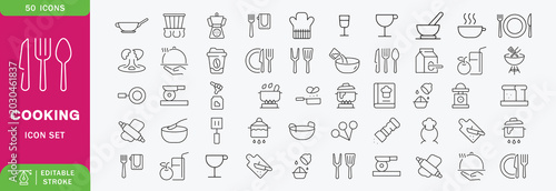 Foto Cooking outline icon set: editable stroke thin line kitchen tools and food symbo