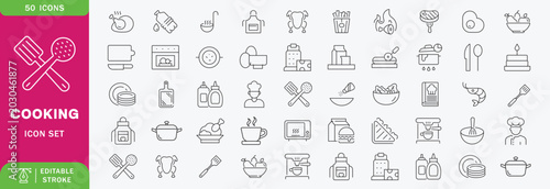 Slika na platnu Cooking outline icon set: editable stroke thin line kitchen tools and food symbo