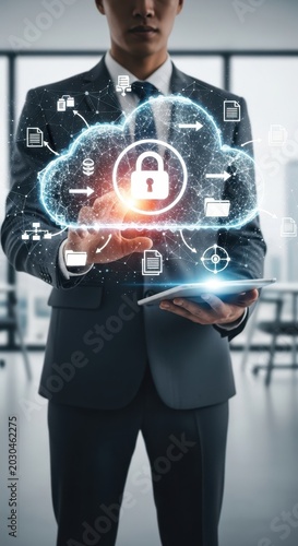 Professional interacting with a glowing cloud network hologram. Illustrating robust digital security and data protection.