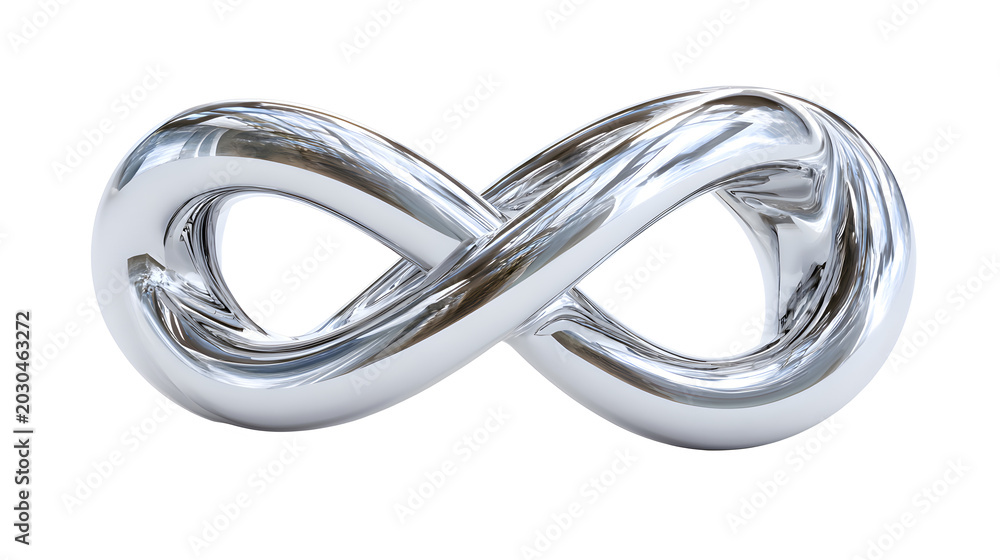 Fototapeta premium Shiny chrome infinity symbol sculpture with smooth intertwining loops on white background