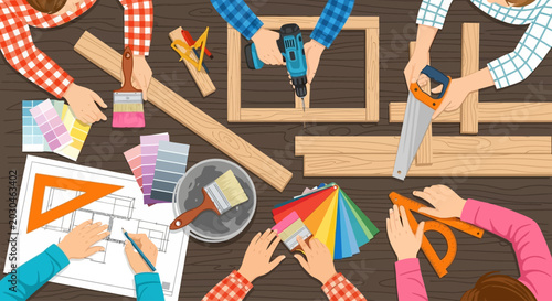 Фотография Handsawing wood, collaborative carpentry, colorful workshop, DIY project plannin