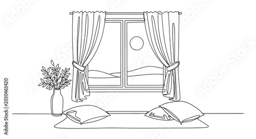 Cozy bedroom interior, vector illustration, line art, minimalist home decor, peaceful atmosphere
