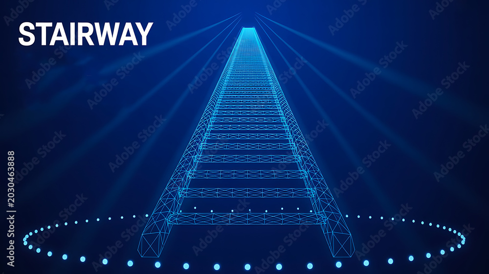 Obraz premium Futuristic glowing stairway with blue neon light and abstract background