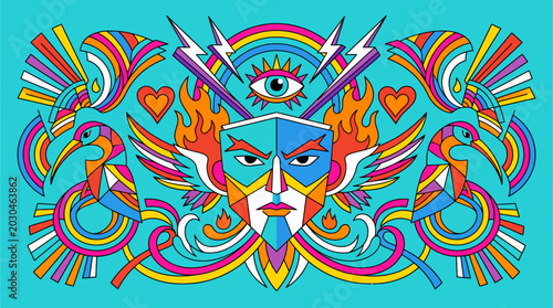 Psychedelic mask portrait with vibrant blue face and rainbow ribbons, hearts and lightning accents in a kaleidoscopic pop art design