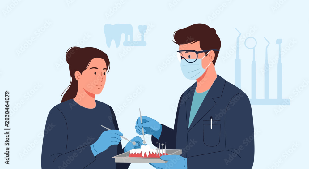 Fototapeta premium Dentist and patient examining dental model, medical illustration