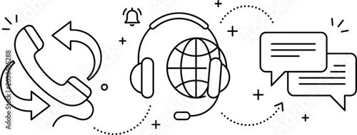 Global customer support call center vector illustration featuring helpline phone communication online chat bubbles and global headset icon