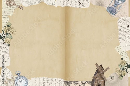 Cat sitting quietly on vintage collage background with botanical elements and neutral tones