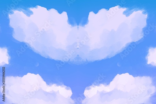 White Cloud Heart Shape in Bright Blue Sky with Fluffy Clouds Background