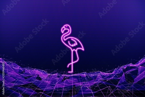 Neon flamingo silhouette standing on digital wave pattern in dark futuristic setting