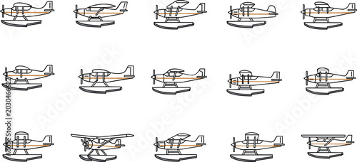 Konstfotografi Floatplane outline icon collection with seaplane aircraft variations for aviatio