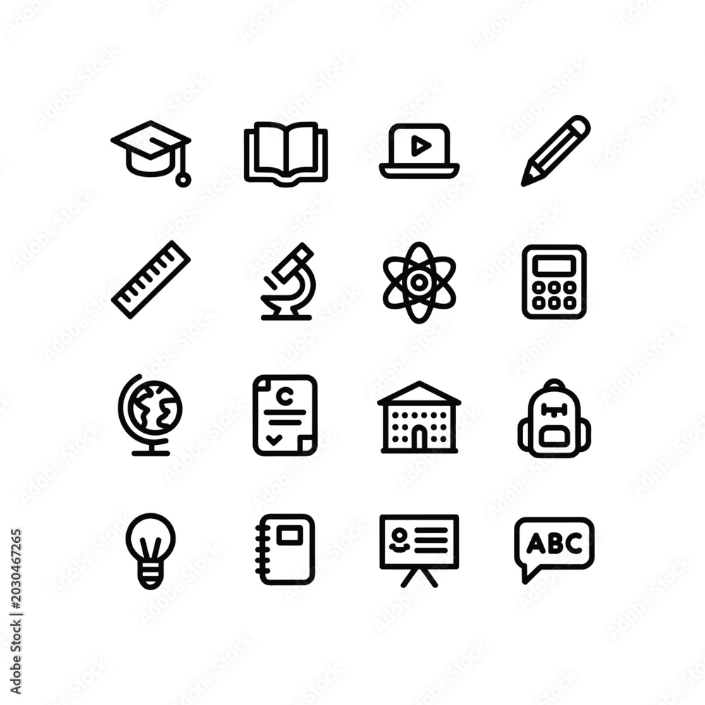 Fototapeta premium Minimalist education icon set, 16 school and learning line icons, black outline academic symbols for university and online study apps