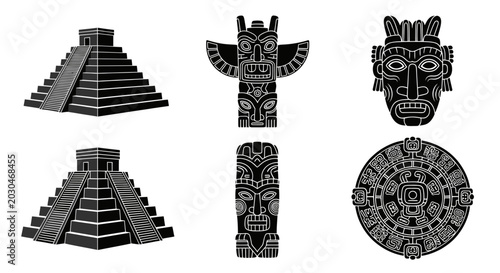 Fotografie Ancient Civilizations Icons: Pyramid, Totem Pole, Tribal Mask, Calendar