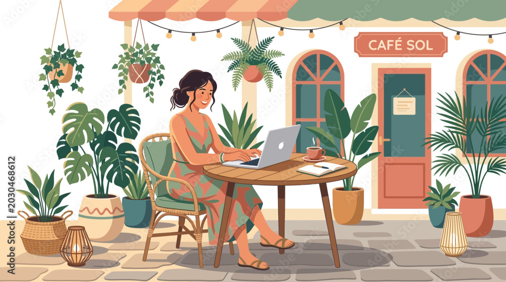 Fototapeta premium Woman working on laptop at outdoor CAFE SOL with plants and natural light