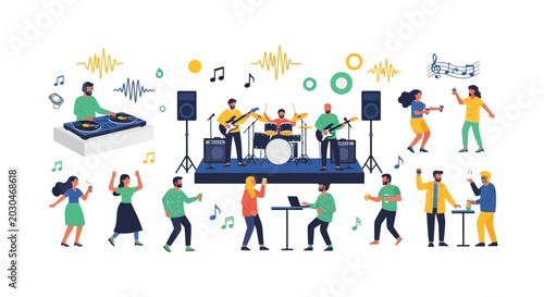 Live Music Band Performing with DJ and Dancing People