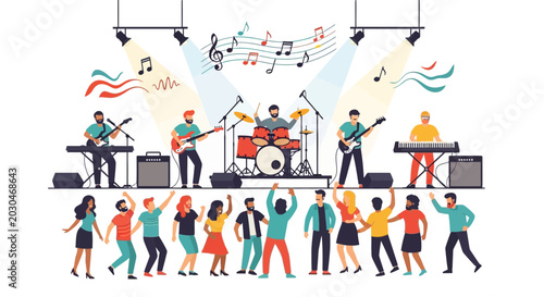 Live Music Band Performing on Stage with Dancing Crowd